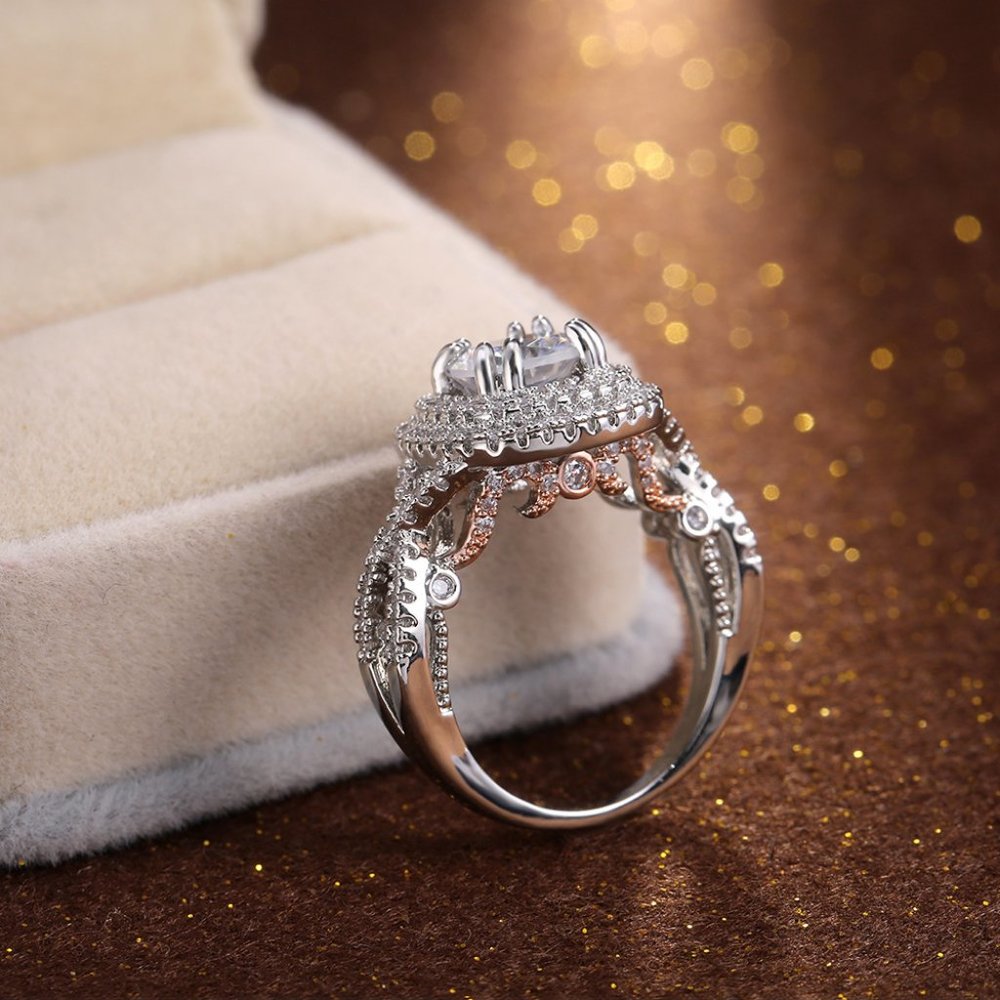 NEW two tone rose gold silver round double halo pave engagement ring - Picture 5 of 7
